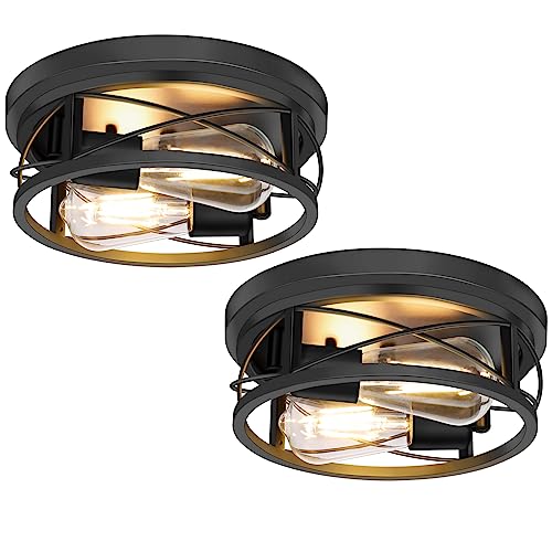 Baocuz 2-Light Flush Mount Ceiling Light Fixture, Farmhouse Light Fixtures Ceiling Mount for Hallway, Metal Cage Black Ceiling Lighting Lamp for Kitchen, Living Room, Entryway (2 Pack)
