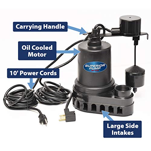 Superior Pump 92572 1/2 Hp Thermoplastic Submersible Sump Pump With Vertical Float Switch #TOP4