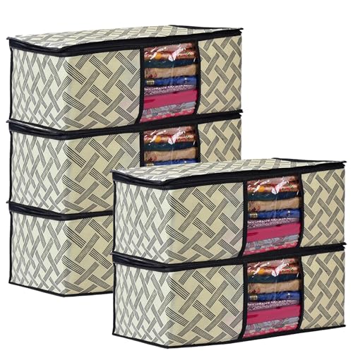 Image of Non-Woven Saree Covers with Zipper and Transparent Window - Clothes Storage Bag for Wardrobe Organization (Yellow Black, PACK OF 5)