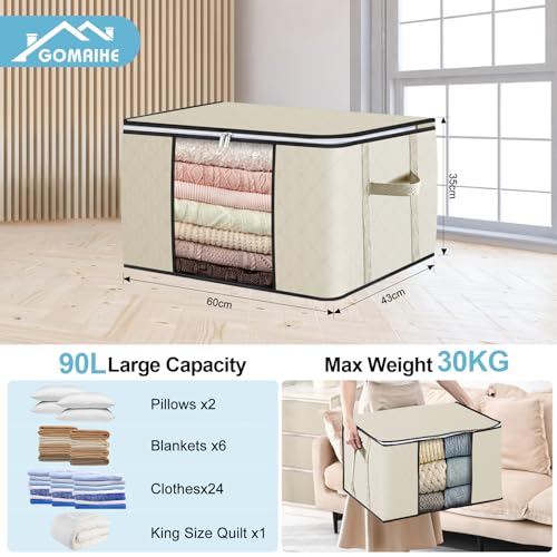 GoMaihe 90L Aufbewahrungstasche 8 Stück, Aufbewahrungsbox mit Deckel Groß Verstärkte Griffe, Kleidung Umzugskartons für Bettdecken, Unterbett Aufbewahrung Kleiderschrank Boxen Organizer Beige