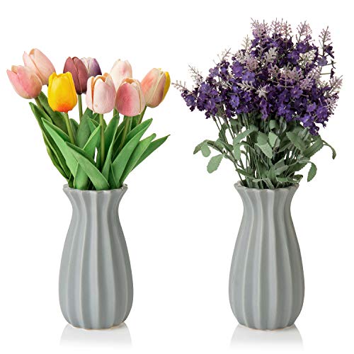 Mygift 7-Inch Vintage Matte Gray Tulip Design Ribbed Ceramic Flower Vases, Set Of 2 #TOP6