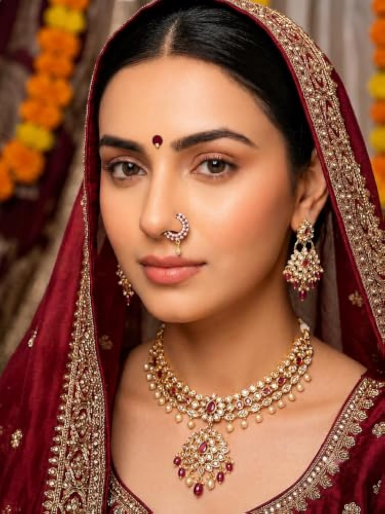 Stylish Plated Red & American Diamond Nose Ring with Piercing