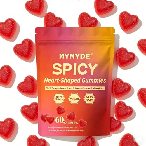 MYMYDE Spicy Square Gummies Heart-Shaped Intimacy Gummies with Muira Puama Chili Pepper Maca& Epimedium for Promote Hormone Balance Vegan Peach Flavor (60 Count