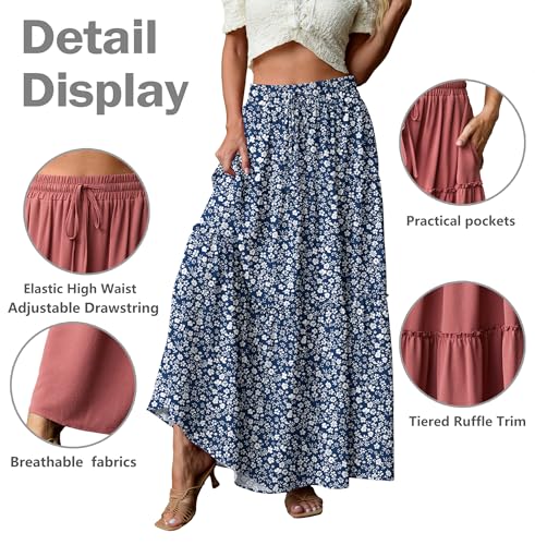 Image of Lepunuo Womens Casual Boho High Waisted Flowy Maxi Skirts Tiered Floral Long Skirts with Pockets for Summer Beach Vacation