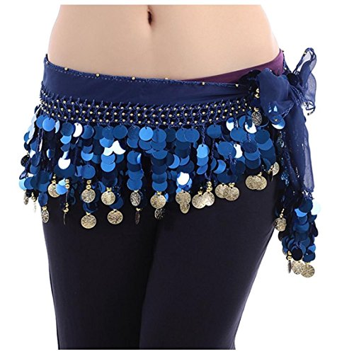 Image of VRITRAZ Women's Chiffon Belly Dance Hip Scarf Waistband Belt Skirt Mixed Colors Beads and Golded Coins 56 Black