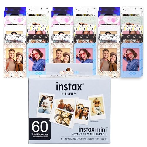 Fujifilm Instax Mini Film (60 Sheets) – Six Packs of Instax Mini Fuji Film - Compatible with All Instax Mini Cameras and Printers - Bundled with 60 Moshify Sticker Frames