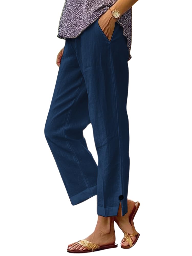 Straight Leg Solid Color Pants with Pockets Elastic Waist Button Slit Pant Summer Cotton Casual Pants for Women