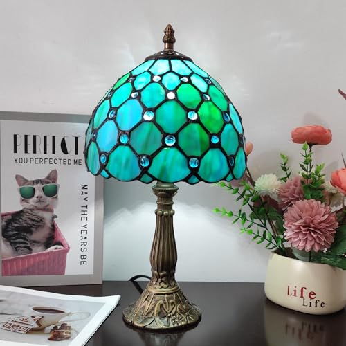 Image of Small Tiffany Table Lamp 8 Inch Tiffany Style Desk Lamp Stained Glass Antique Light Bedroom Bedside Lamp Retro Reading Lamps (Green Pearls Style)