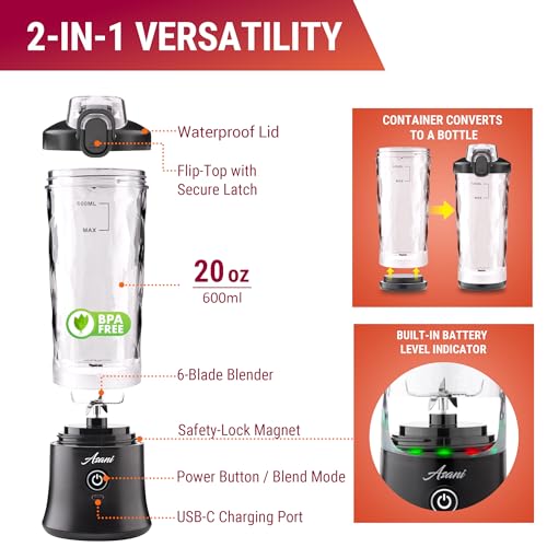 Asani Portable Personal Hand Blender for Smoothies and Shakes with Travel Cup 20oz Leak-proof Small Juice Blender Bottle - USB Rechargeable Mini Juicer Drink Blender for Gym, Office, & Kitchen