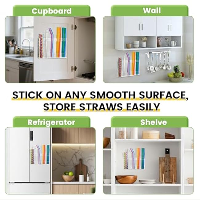Ullnosoo Acrylic Straw Holder for Cabinet Door, with Bottom Drainage Holes Reusable Organizer with Adhesive Tapes and Stickers, Kitchen Accessories Tumbler Straw Storage Container for Space-Saving