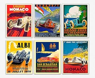 WallBuddy Set of 6 Car Racing Grand Prix Posters F Poster Formula Poster Car racing Print Motor Racing Poster 1930, 1936, 1937, 1952, 1966, 1970 (5 x 7)