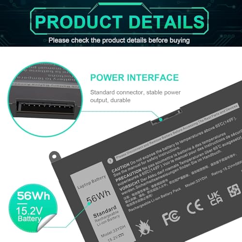 Image of 56WH 33YDH Laptop Battery for Dell Inspiron 17 7000 7778 7779 7786 7773 15 7577 G3 3579 3779 G5 5587 G7 7588 Latitude 13 3380 14 3490 15 3590 3580 PVHT1 P30E 81PF3 081PF3 (33YDH)
