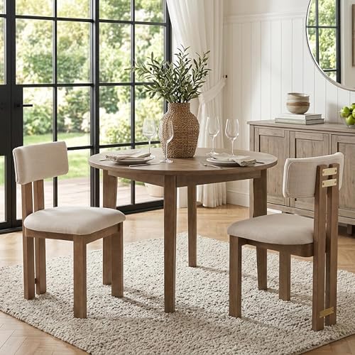 Image of HNY Modern Farmhouse Linen Dining Chairs Set of 2, Beige Fabric Upholstered Dining Room Kitchen Chairs with Natural Wood Frame & Curved-Back, Armless Accent Wood Chairs for Dining Living Room