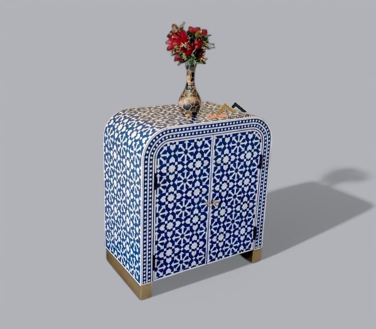 Bone Inlay 2 Door Cabinet – Blue Colour, Handmade Storage Sideboard, W76 x D43 x H85 cm