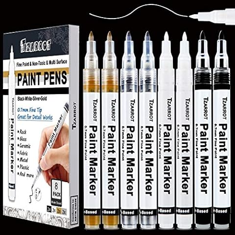 White Paint Pen, 8 Pack 0.7mm Acrylic Paint Pens with 2 White 2 Black 2 Gold 2 Silver Paint Pen Permanent Marker for Wood Rock Fabric Metal Plastic Ceramic Acrylic Paint Markers Extra Fine Tip Cover