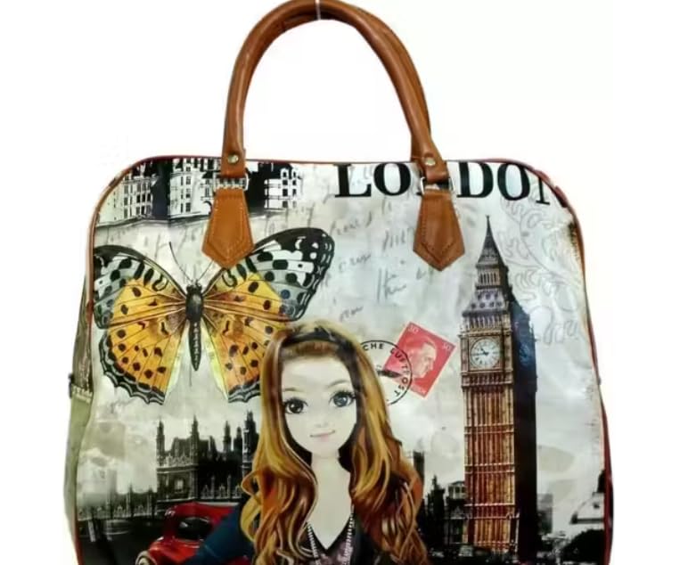 Women's Handbag with London Theme Print, Butterfly and Girl Graphic, Brown Handles, Tote Style-image-32