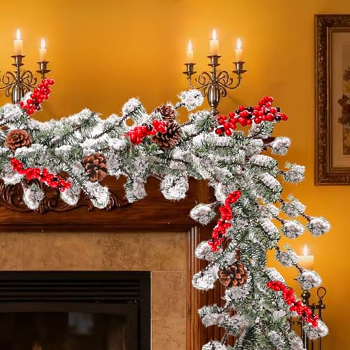 ATZXVIM 6ft Frosted Evergreen Christmas Snowed Pine Garland – Red Berries and Pinecones Holiday Fireplace Indoor Decoration