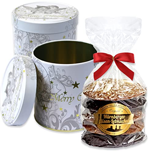 Weihnachtsdose Weiß gefüllt - 5 Elisenlebkuchen gemischt 400g - Geschenkdose weiss für Weihnachten & Winter Keksdose Plätzchendose Lebkuchendose Geschenkedose Lebkuchenwelt