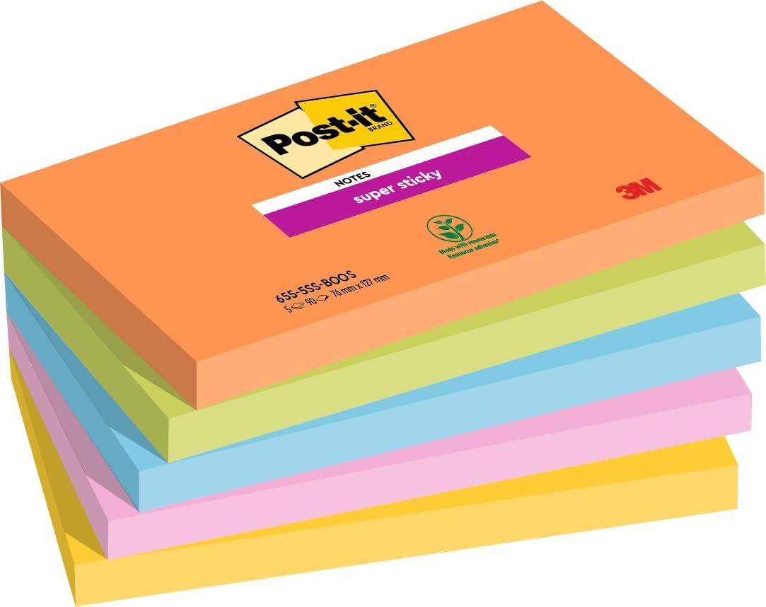 Post-it Super Sticky Notes Boost Color Collection, Pack of 5 Pads, 90 Sheets per Pad, 76 mm x 127 mm, Orange, Green, Pink, Yellow, Blue - Extra Sticky Notes for Note Taking, to Do Lists & Reminders