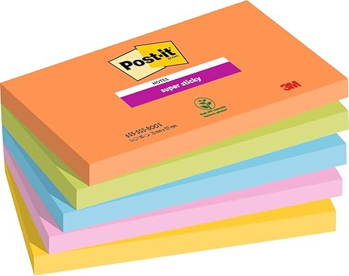 Post-it Super Sticky Notes Boost Color Collection, paquete de 5 blocs, 90 hojas por bloc, 2.992 in x 5.000 in, naranja, verde, rosa, amarillo, azul,