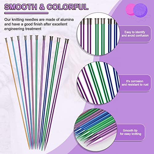 Coopay 35cm Long Lightweight Knitting Needles for Arthritis Hands - Funky Colored Metal Set, 10 Pairs of Aluminum Complete Set
