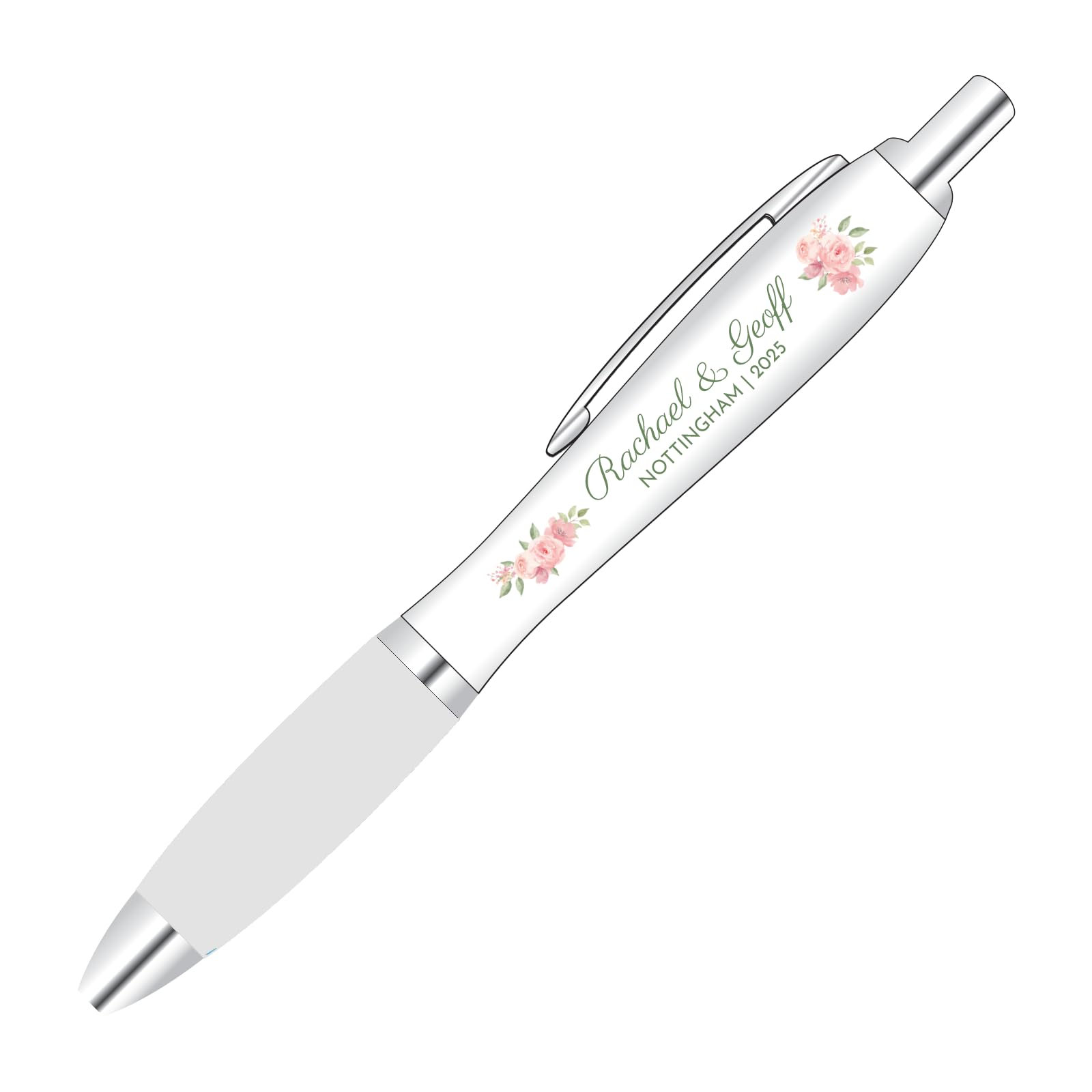 Full Colour Printed Pink Flower Design Wedding Pen Wedding Favour With Personalised Text and clear coloured grip.