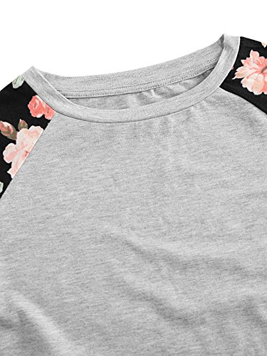Romwe Women's Long Sleeve Top Casual Floral Print T-Shirt Tee Grey XL