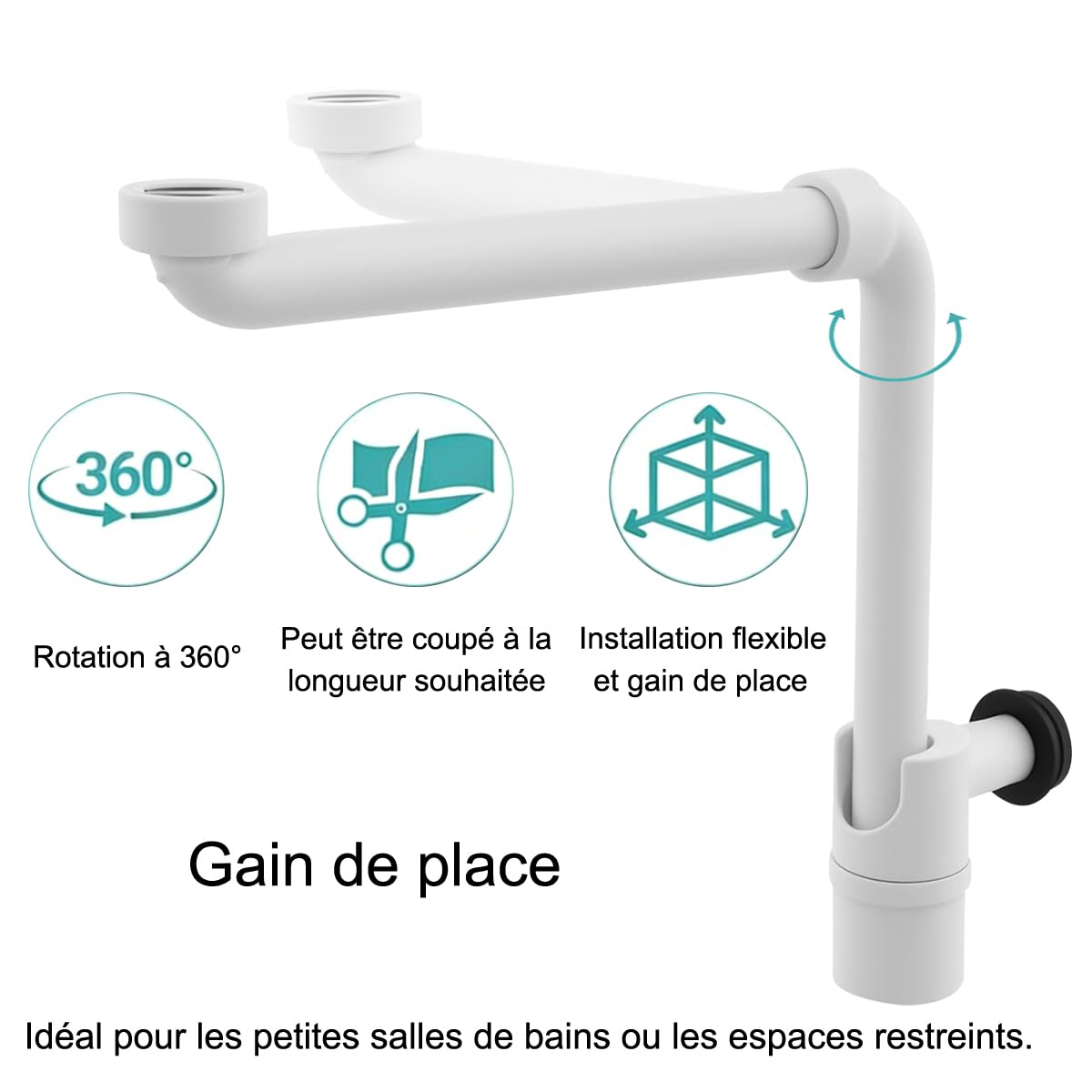 Siphon de lavabo compact 32 mm, siphon pivotant réglable en P pour salle de bain, tuyau d'évacuation mural rotatif à 360° (blanc)