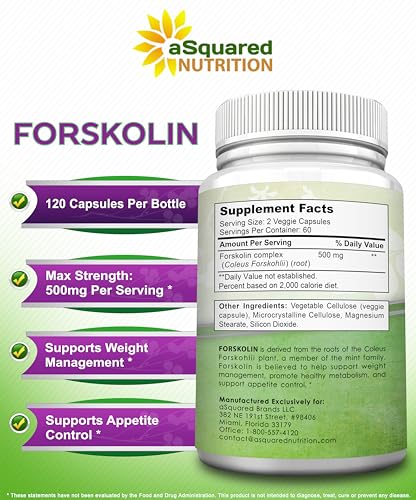 aSquared Nutrition Forskolin 500mg Max Strength -120 Capsules, Natural Supplement for Pure Weight Loss Fuel, Coleus Forskohlii Root-Forskolin Diet Pills, Belly Buster Pure Fat Burner 2X Slim Trim Lose