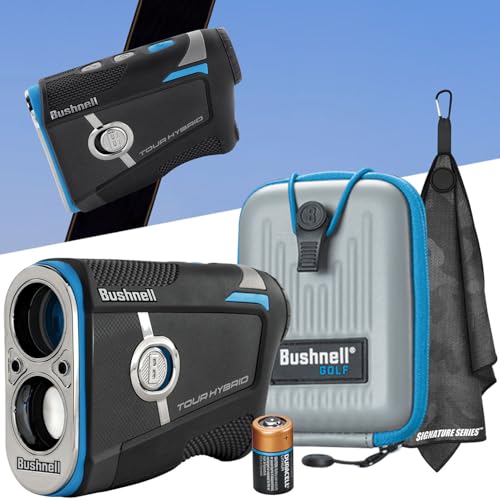 Bushnell Golf Tour Hybrid GPS Laser Rangefinder with Slope 1300 Yd Range Magnetic Mount PinSeeker 6X Magnification LCD Display 3D Flyovers in App and Signature Series Golf Towel Bundle