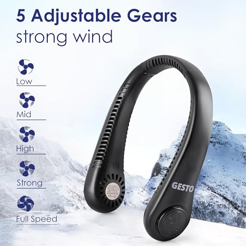 Image of Gesto Portable Neck Fan Rechargeable - Hands-Free Neck Fan for Summer With 1500 mAh Battery & Display | 5-Speed 360 Airflow, USB Charging Personal Fan for Home, Kitchen, Gym, Travel, Running -Black