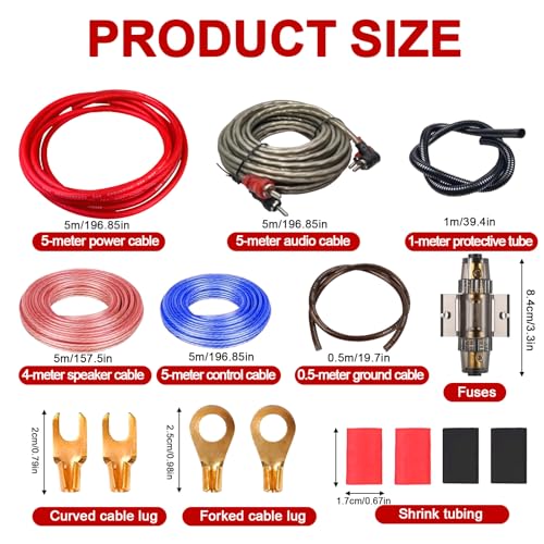 XWGKLN Subwoofer Kabel Set: 4GA Auto Verstärker Kabelsatz, 5 Meter Endstufe Kabel Set, Installations-Set Verstärker Auto, Car Audio Wire