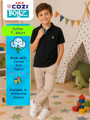 Image of Lux Cozi Boy's Polycotton Polo T-Shirt | Solid Collared Half Sleeve Tee for Kids | Soft Breathable Summer Wear | Casual Smart Polo T-Shirt | 3-14 Years