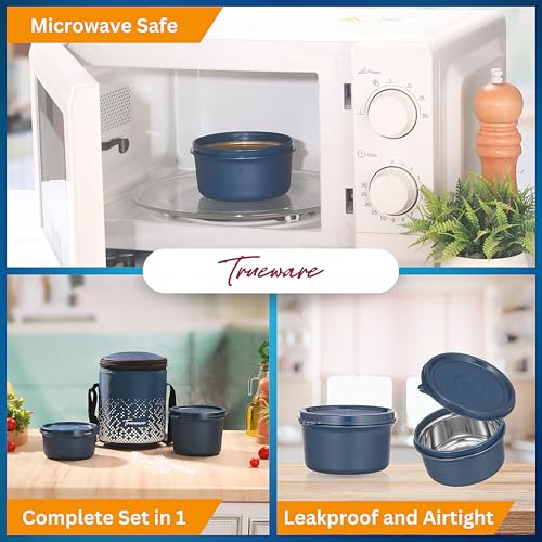 Image of Trueware Omaga Lunch Box with Insulated Fabric Jacket, 2 Microwave Safe & Leak Proof Inner Stainless Steel Containers (1 X 400ml & 1 X 500ml) Tiffin for Office, College