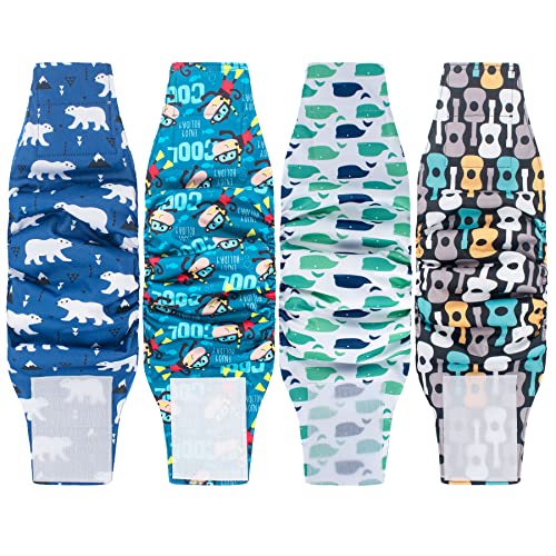 Image of Washable Male Dog Diapers (4 Pack), Highly-Absorbent Belly Bands for Doggies Reusable Puppy Wraps, Medium (Polar Bear, Monkey, Whales, Guitars)