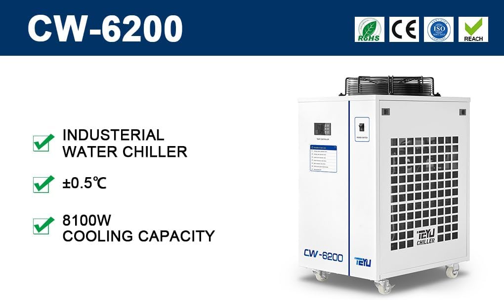 Water Cooler Machine S&A CW-6200BN Industrial Water Chiller 220V 60Hz for 200W Laser Diode CO2 Laser Solid-State Laser Fiber Laser, CNC Spindle Cooling