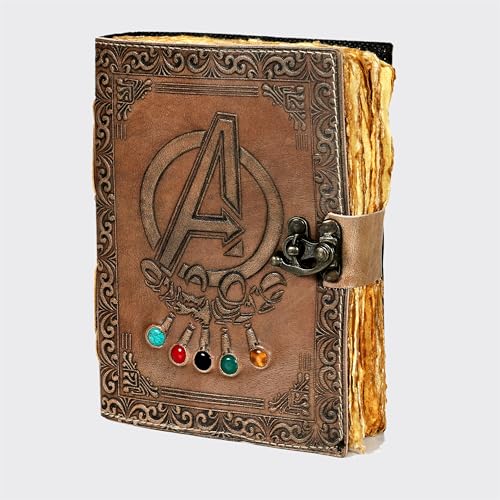 Carnet de notes Avengers en cuir véritable embossé avec pierres de Thanos fait main