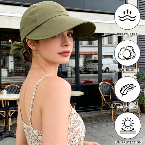 Sun Hats for Women Wide Brim, Packable Summer Beach Hat with Ponytail Hole Bow, Adjustable UV Protection Womens Sun Hat Green — view 3