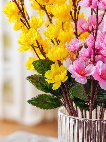 Image of ARTSY Artificial Flowers Bunch for Decoration Cherry Blossom, Ideal for vase, Home, Office Decor, Gifts, Craft, Artificial Plants for Decoration, Without vase, Yellow Pink, Combo, 2 Pieces