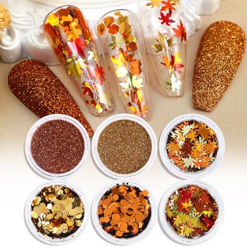 Bynyto US-SE-268-GLITTER-MAPLE Fall Maple Leaf Nail Glitter Powder Gold Nail Glitter 6 Bottles/Set Autumn Design Shiny Nail Art Flakes Sequins Nail Supllies cover