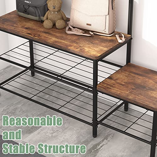 Charavector Industrial Parent-Child Hall Tree For Entryway, 1+1 Hall Tree Entryway Bench With Coat Rack, Wood And Metal Coat Rack With Shoe Bench, Storage Shelf Organizer Accent Furniture #TOP4