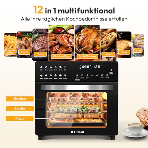 Heißluftfritteuse Minibackofen 26L, 1700W Airfryer XXL mit 12 Programmen und Rezeptbuch, Heißluft-Backofen mit digitalen LED-Display, Fritteuse mit Vorheizen, Warmhalten & Aufwärmen – Bild 6