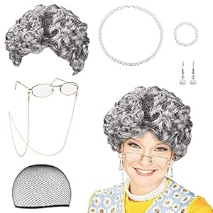 Oma Pruik grijs Old Lady kostuum grootmoeder cosplay accessoires set accessoires met krullen oma pruik, Madea oma bril, brillenketting koordriem, parelsieraden oma-bekleding