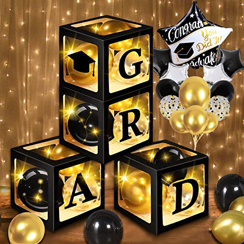 2024 Graduation Decorations Balloon Boxes Kit, with 4 LED Light Strings & 35 Decorative Balloons & Letters \"GRAD\'\', Perfect for Graduation Party Decorations (LED-Black)