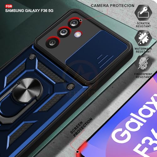 Image of Armor Bumper Back Cover Case for Samsung Galaxy M36 5G / F36 5G | Rotating Camera Cover, Ring Holder & Kickstand | Heavy Duty & 360 Degree Protection Back Cover (Blue)