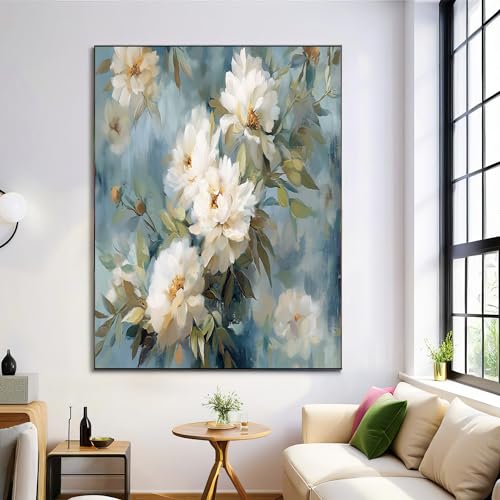 Affiche pivoine blanche et bleu GDJSMIN 70x100 cm pour décoration de salon moderne