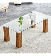 LUSPAZ 44" Modern Wood and Glass Top Coffee Table Rectangle Tea Table with Wood Leg for Living Room