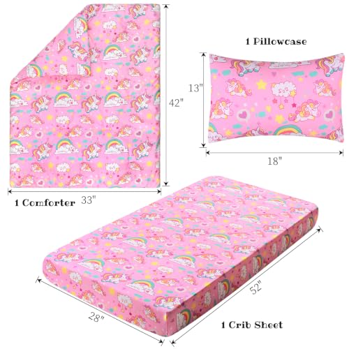 Image of JISEN 3 Piece Crib Bedding Set Soft Baby Unicorns Crib Comforter Set with Comforter, Sheet, Pillowcase - Nursery Bedding for Boys or Girls Pink