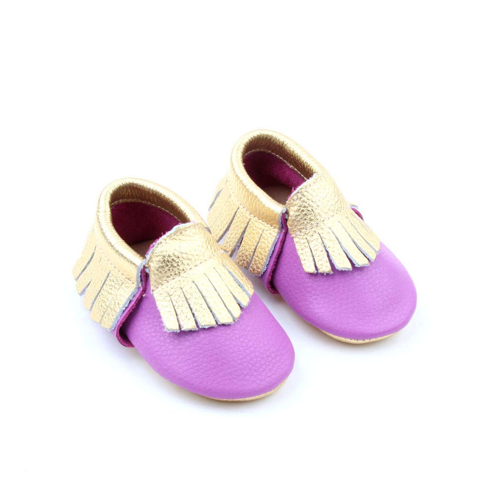 Starbie Anti-Slip Baby Moccasins - 20+ Colors, Moccasins for Infant, Baby, Toddler, Walking Shoes for Girls and Boys (5, Purple+Gold)