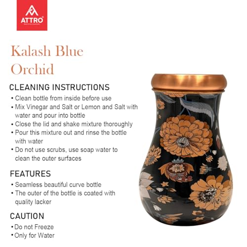 Image of ATTRO Kalash Copper Water Pot - Designer Water Storage & Serving, Ayurvedic Health Benefits, Supports Overall Health & Healthy Skin, 750ml Blue Orchid